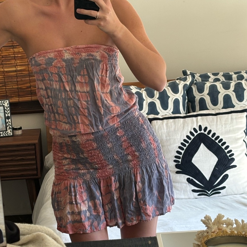 Like New - Y2K Blue Life by Planet Blue Mini Smocked Strapless Dress in Tye Dye
